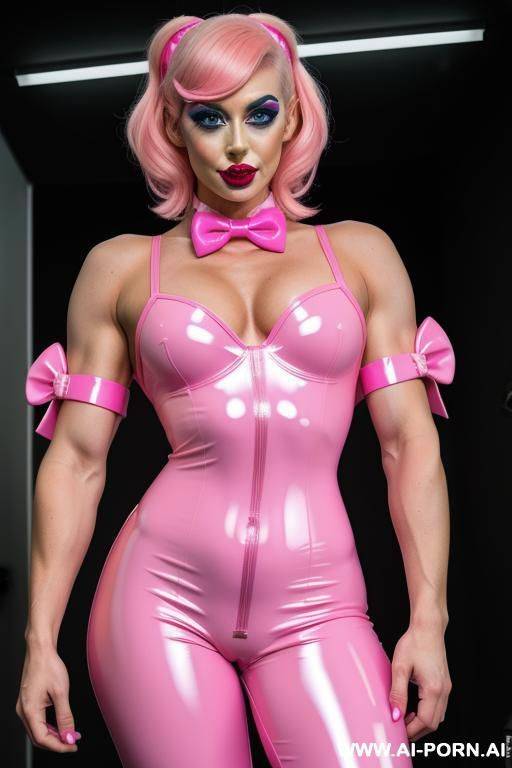 more muscular, fluo pink latex bodysuit, pink bowtie, play bunny, sexy seductive beautifull clown woman - #main