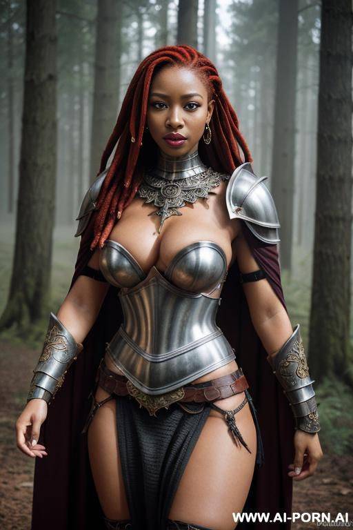 ultra realistic, beautiful woman, knight, hand behind head, naked breasts, no bra, topless, ornate armor, shoulder armor, skirt armor, dreadlocks hair, redhead, black skin, lipstick, forest, foggy, seductive face, latina, horny, orgasm, cape, bondage - #main