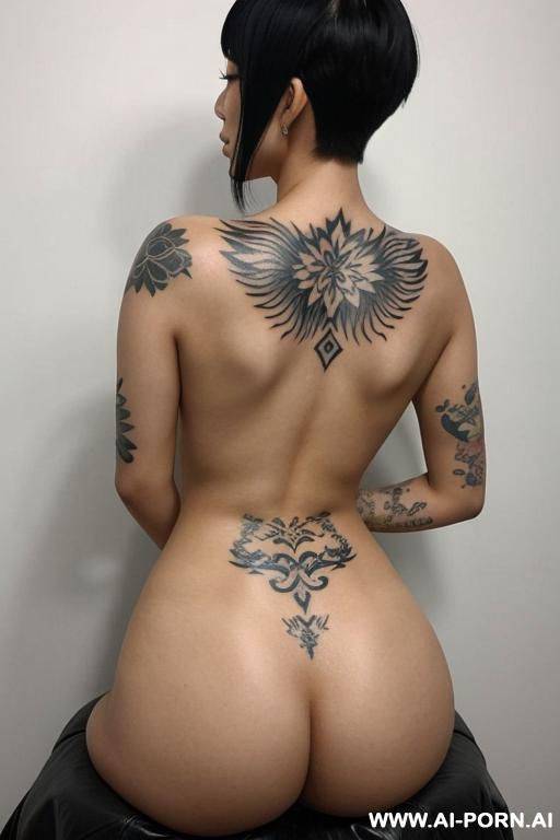 slim asian woman with short hair and extravagant tattoo covering the entire back and ass - #main