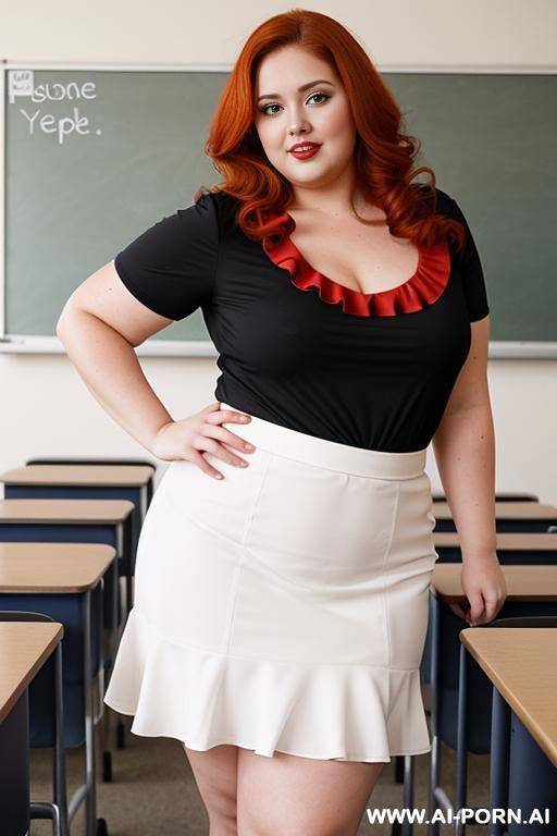 full body photo shot, about at classroom, chubby fat bbw curvy teacher, wearing a sexy and hot micro red ruffle skirt and elegant micro summer top, speaking to the classroom. - #main