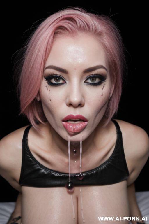 woman, sucking, deepthroating, cum on face, black tears, unhappy, medium full shot, hand tied, kneeling, look g at viewer, pink hair, clothes ripped - #main