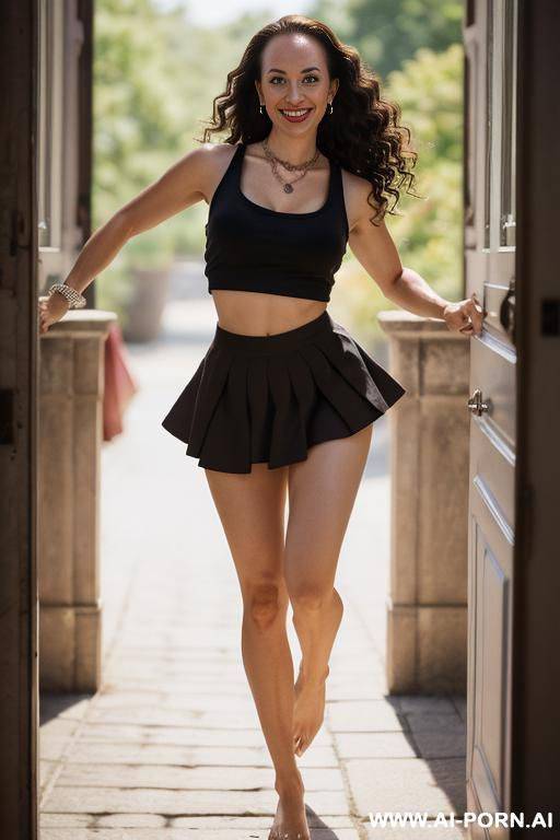 beautiful fit 20 year old brunette woman white skin, top view, no makeup, brown eyes, curly hair, top view, bare legs, sitting by her bed on the knee, happy face blowjob - #main