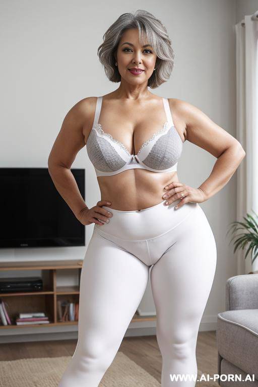 0-year-old grandmother, short gray hair, very visible age marks, full body, standing, triangle hips, thick thighs, hands on hips, wearing white leggings and bra, living room in front of the television, legs open - #main