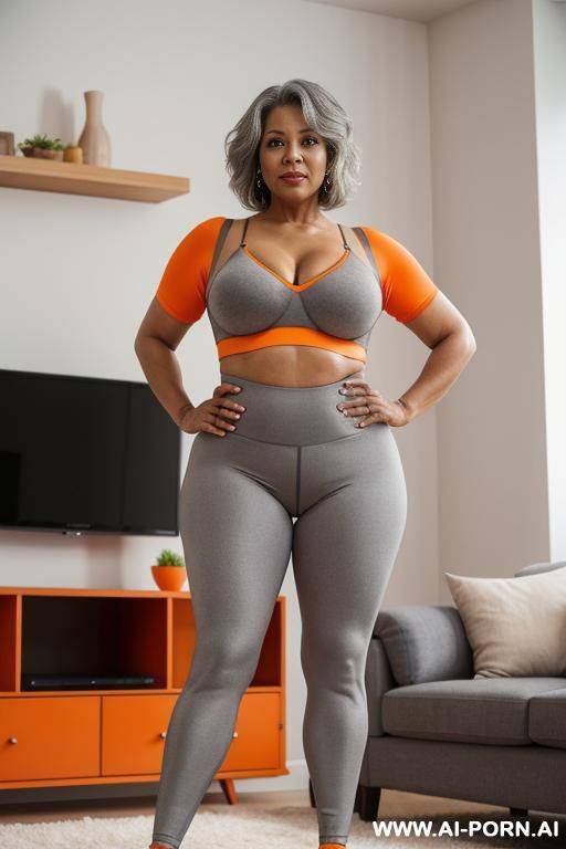 0-year-old grandmother, short gray hair, very visible age marks, full body, standing, triangle hips, thick thighs, hands on hips, wearing orange leggings and bra, living room in front of the television, legs open - #main