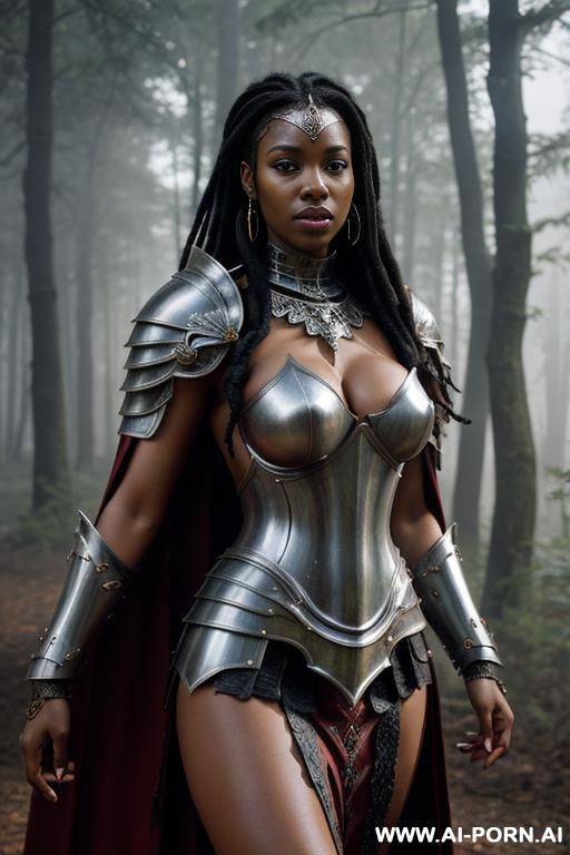 ultra realistic, beautiful woman, knight, hand behind head, naked breasts, no bra, topless, ornate armor, shoulder armor, skirt armor, dreadlocks hair, forest, foggy, seductive face, black skin, horny, orgasm, cape, sword, shield - #main