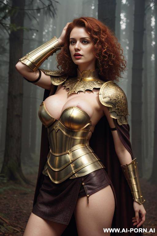 ultra realistic, beautiful woman, knight, hand behind head, naked breasts, no bra, gold ornate armor, shoulder armor, leather skirt, curly hair, forest, foggy, seductive face, ginger, horny, orgasm, cape - #main