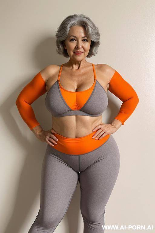 0 year old grandmother, full body, standing, short gray hair, very visible age marks, large natural breasts, triangle hips, thick thighs, wearing orange leggings, topless, hands on her waist - #main