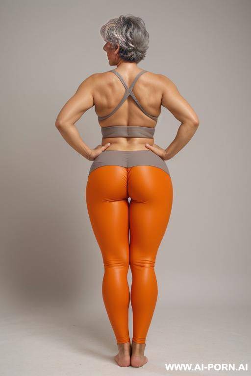 back view, 0 year old grandmother, full body, standing, short gray hair, very visible age marks, large natural breasts, triangle hips, thick thighs, wearing orange leggings, topless, hands on her waist - #main