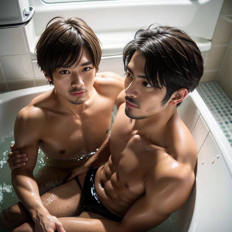 , japanese,(2men:2), manly man,twenties,(RAW photo, best quality, masterpiece:1.1), (realistic, photo-realistic:1.2), ultra-detailed, ultra high res, physically-based rendering,short hair,messy hair,black hair,hair - #main
