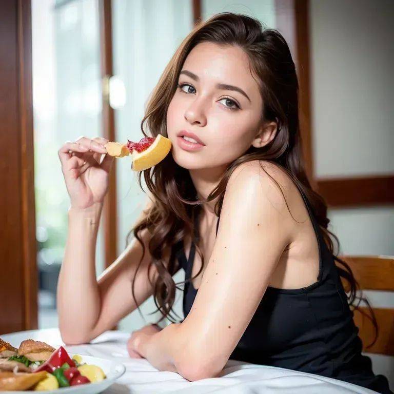 ,white people,woman,twenties,(RAW photo, best quality, masterpiece:1.1), (realistic, photo-realistic:1.2), ultra-detailed, ultra high res, physically-based rendering,long hair,curly hair,brown hair,brown eyes,beautiful,Looking at viewer,eating,(adult:1.5) - #main