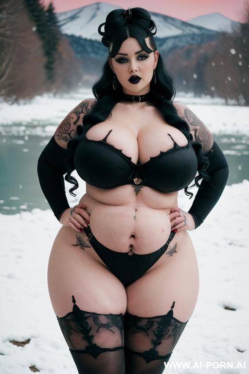 beautiful gothic bbw, pretty bbw face, big round ass, (((extremely big hips))), massive tits, gigantic areolas, (((lots of cum on body))), stockings, nude, gothic accessories, (((slut tattoos))), snow winter river at sunrise, (((creative hairstyle))) - #main