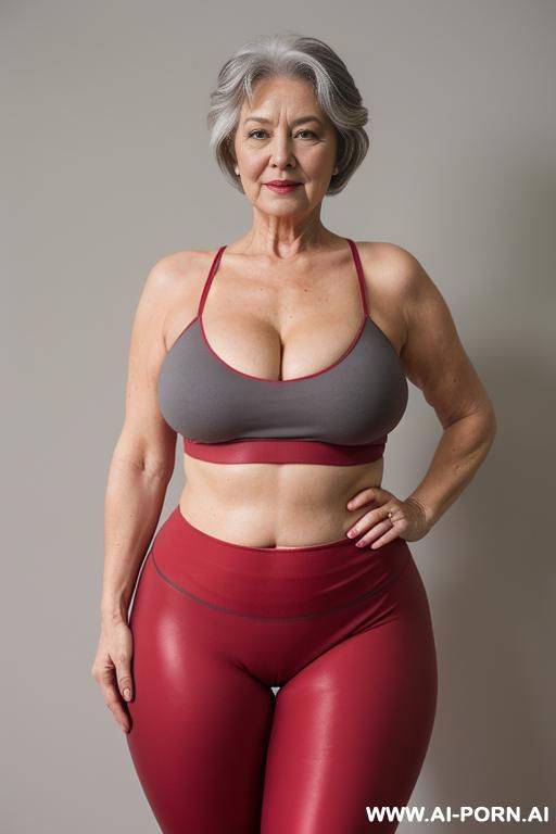 0 year old grandmother, full body, standing, short gray hair, very visible age marks, large natural breasts, triangle hips, thick thighs, wearing cherry red leggings, topless, hands on her waist - #main