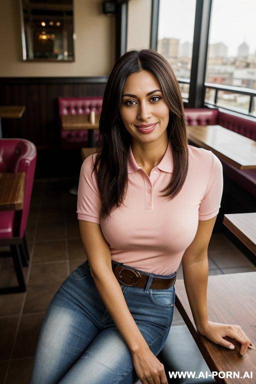pink polo, belt, denim jeans, high heels, sitting in a restaurant - #main
