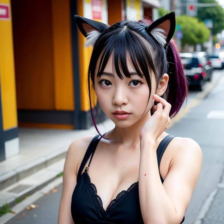 , japanese,woman,twenties,(RAW photo, best quality, masterpiece:1.1), (realistic, photo-realistic:1.2), ultra-detailed, ultra high res, physically-based rendering,pixie cut,purple hair,hair behind ear,bangs,sorrow,cat - #main