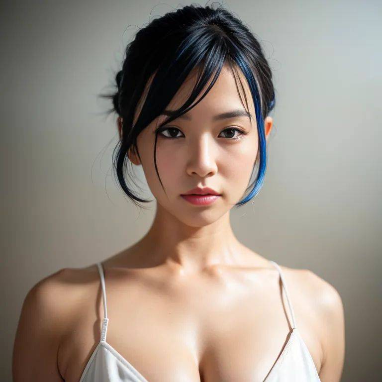 , japanese,woman,twenties,(RAW photo, best quality, masterpiece:1.1), (realistic, photo-realistic:1.2), ultra-detailed, ultra high res, physically-based rendering,short hair,updo,blue hair,hair behind ear,(adult:1.5) - #main