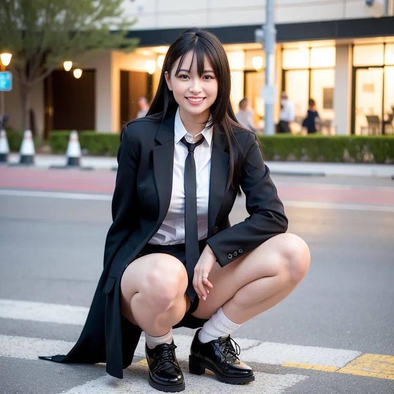 ,woman,twenties,(RAW photo, best quality, masterpiece:1.1), (realistic, photo-realistic:1.2), ultra-detailed, ultra high res, physically-based rendering,long hair,black hair,bangs,black eyes,(grin:1.2),medium ass,tie,high - #main