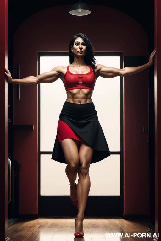 muscular arms, red bra, red skirt, sweat - #main
