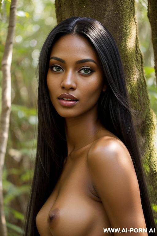 native princess, absolutely beauty, beautiful face ((green eyes)) light dark skin, very tall, long hair, straight hair, bright light, totally naked, nature - #main