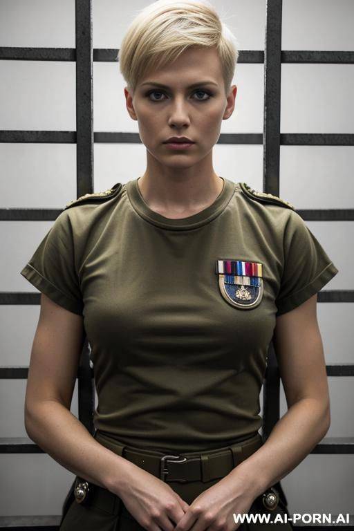 short haircut military blond no weapon uniform t-shirt serious face full size shot no makeup in jail cage - #main