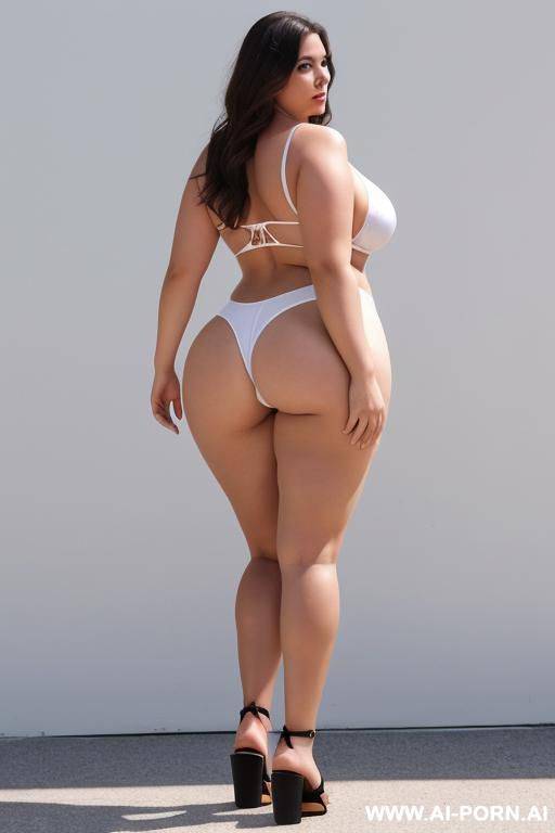 white bbw big ass, skin, standing up, back view, full body, looking back at the camera, wearing only flip-flops - #main