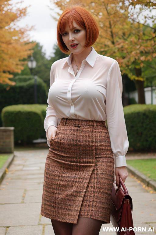 thick, horny, british milf ginger bobcut standing, park blazer, blouse, skirt, pubic hair, flashing pussy, wet pussy - #main