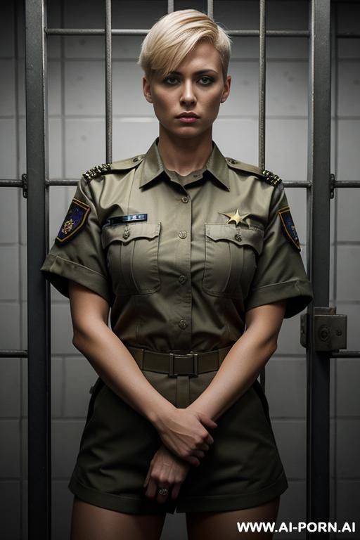 short haircut military blond no weapon pixel uniform serious face full size shot no makeup in jail cage standing up - #main