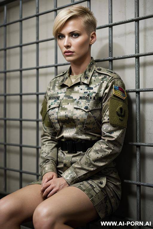 short haircut military blond no weapon pixel camouflage uniform serious face full size shot no makeup in jail cage sitting - #main