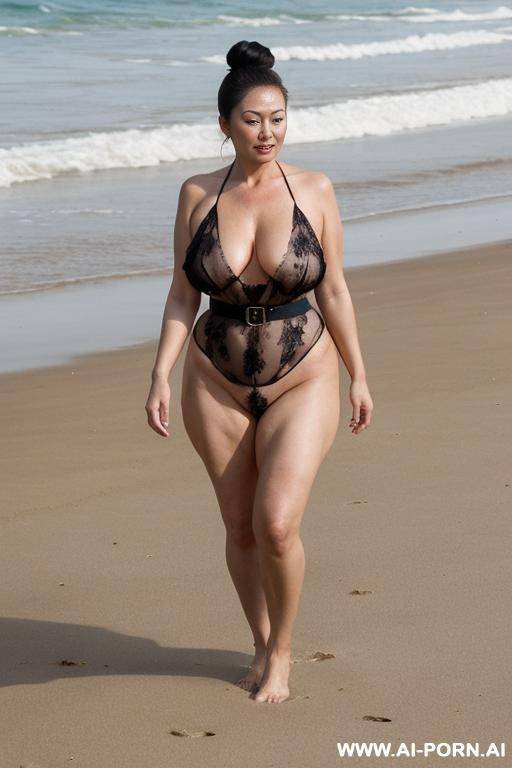 sexy 3 old woman in a revealing negligee with her male lover on the beach.floral lace bodysuit - #main
