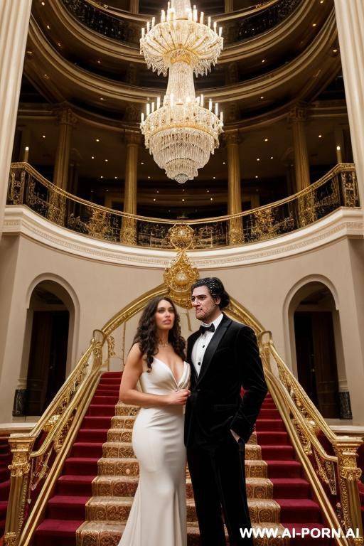 woman and man on the stairs inside a beautiful opera with gold railings.man: standing with hands in pockets, in an elegant suit, long dark hair, large penis.woman: kneeling and holding her penis in her hand - #main