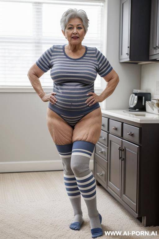 0-year-old grandmother, full body, standing, short gray hair, triangle hips, thick thighs, very visible age marks, wearing a blue striped football shirt, wearing long striped socks, wearing blue panties, hands on her hips, legs open - #main