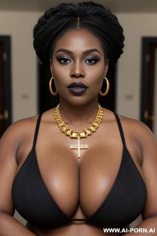 fat saggy boobs, black lipstick, masculine woman, , heavy eye make up, , gold key necklace, gold necklace, gold earrings - #main