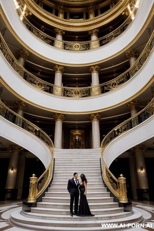 woman and man on the stairs inside a beautiful opera with gold railings.men: standing with hands in pockets, in an elegant suit, long dark hair, large penis.woman: ass up - #main