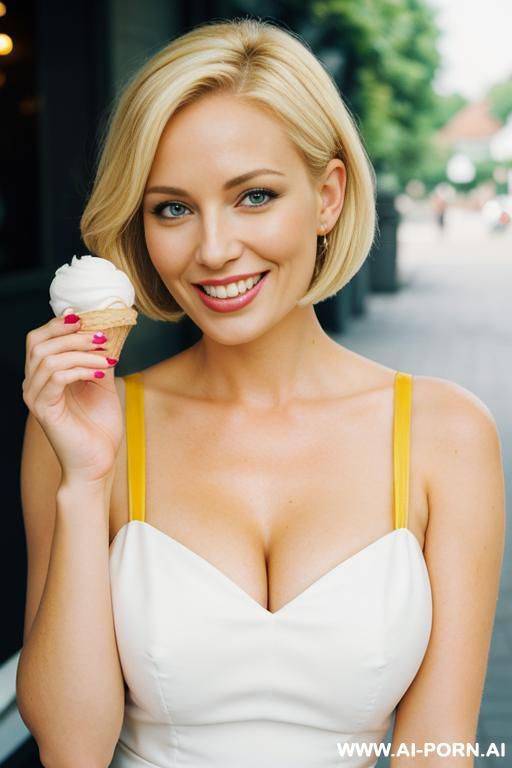 classy lady, blonde cut hair, wearing a summer dress white and yellow, very beautiful face, holding an ice cream cone - #main