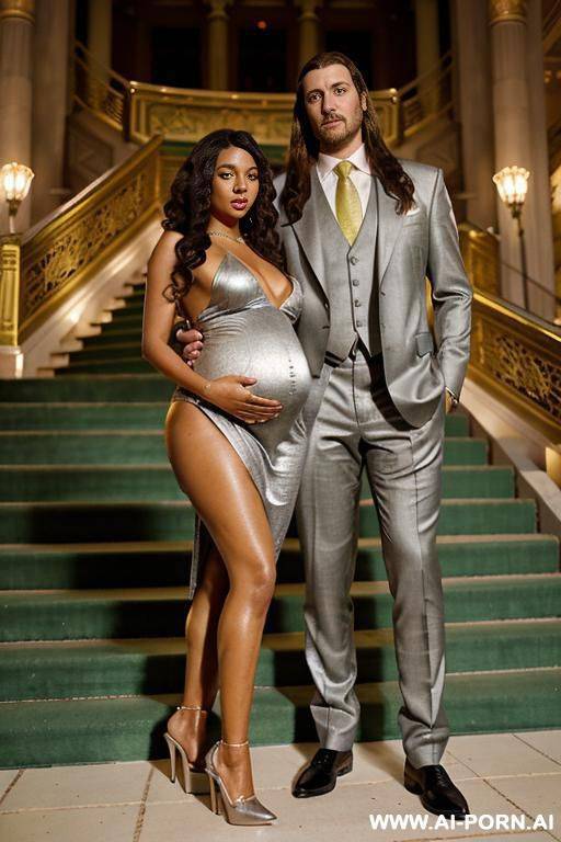 on the stairs of a beautiful opera, stairs with golden railings and green carpet. woman: black curls to her shoulders, pregnant, naked, stands with her legs spread wide in red high heels, - #main