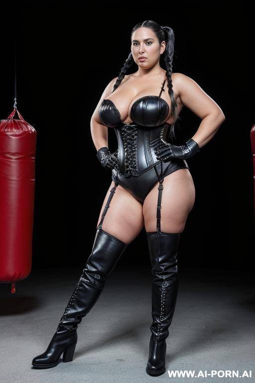 boxing woman, gigantic boobs, high ponytail, milf, black hair, black boots, black leather corset, no bra, show big boogs, thick thighs, black boots - #main