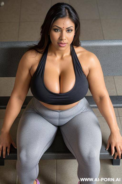 indian hot fit naked lady with big breasts, wearing gym attire, sitting on a bench in gym, view from below up, legs open, right foot stepping on bench showing big bulge inside yoga pants. massive cleavage - #main