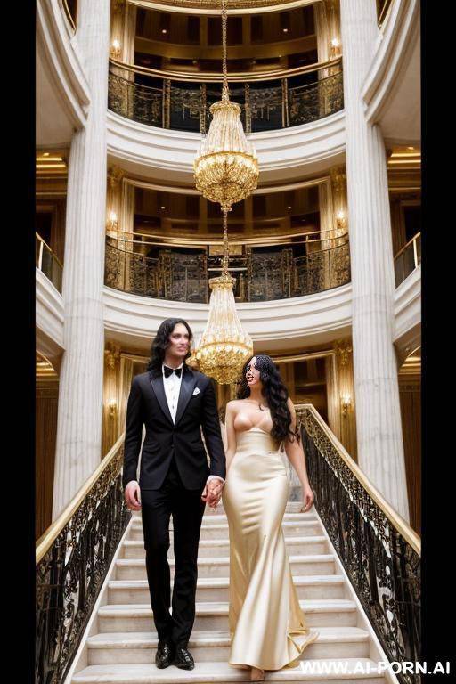 woman and man on the stairs inside a beautiful opera with golden railings.men: standing with hands in pockets, in an elegant suit, long dark hair, large penis.woman ass up - #main