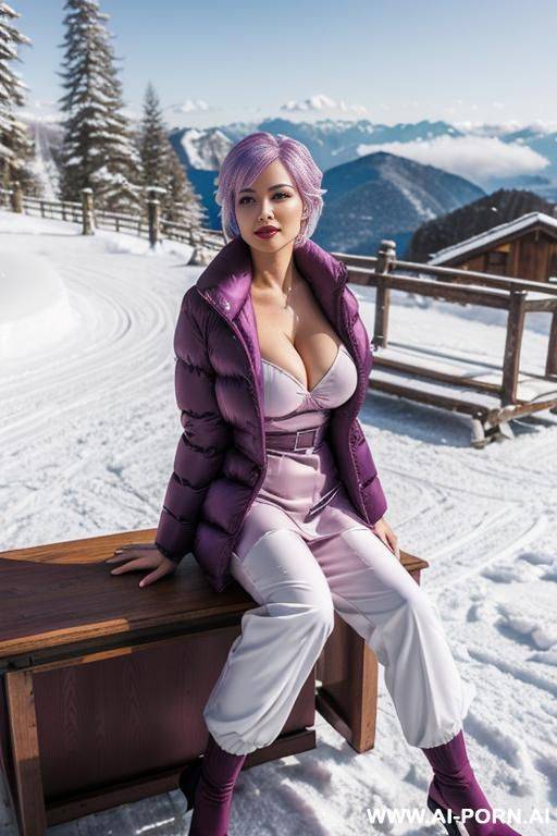 secretary with gigantic tits lying on office desk wearing gigantic puffer jacket, satin, silk, white skin, clear - #main