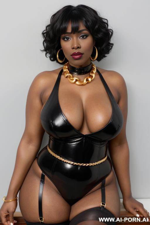 fat saggy boobs, black lipstick, masculine woman, , heavy eye make up, gold white leather garter belt, red leather stockings, gold and white leather bodysuit, gold key necklace, gold necklace, gold earrings - #main