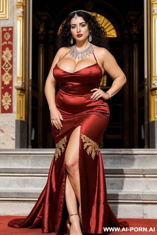 on the stairs inside a huge beautiful opera with gold railings and blue carpet. red high heels, large silver necklace with diamonds, large silver earrings, - #main