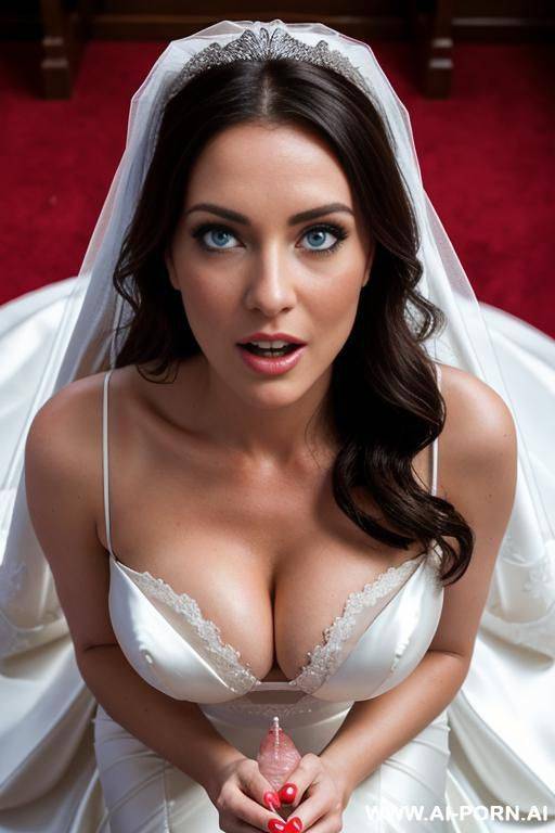 (cgi style) , (close up), close pov, from above, hetero couple, ( bride wearing sexy white wedding dress), huge boobs, deep neckline, pretty face, perfect blue eyes, brunette, (on her knees), - #main