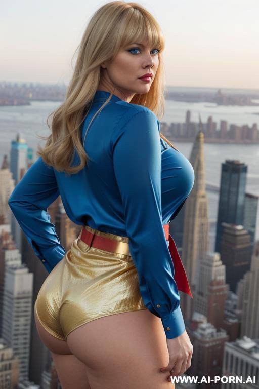 back view, chubby woman, blonde hair with bangs, full body, standing, superwoman, blue superwoman blouse, long sleeves, red panties, gold belt, looking ford, big expressive eyes, blue eyes, hands - #main