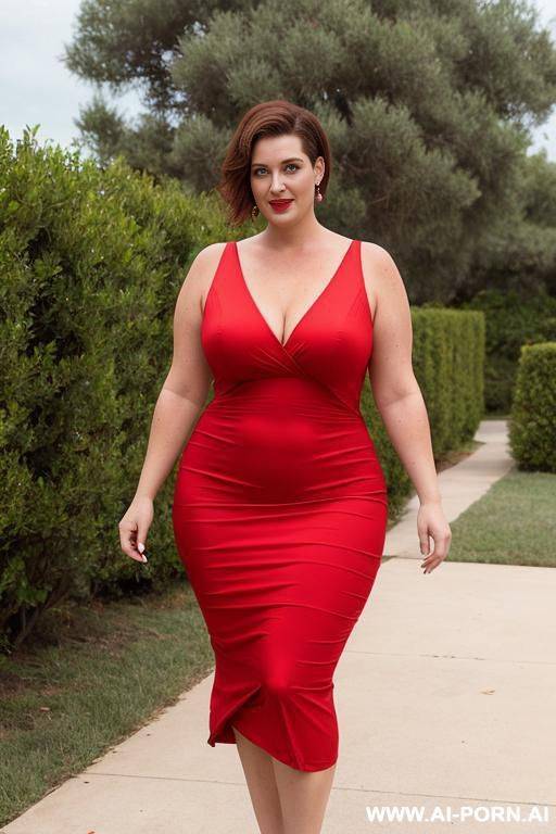 white american curvy woman in her 30s wearing a long red dress. short hair. beautiful - #main