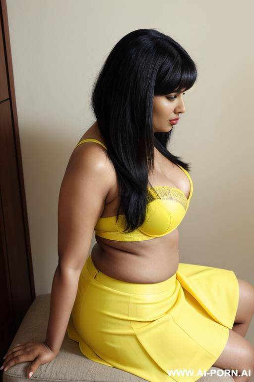 yellow bra, yellow skirt, looking at camera, side view - #main