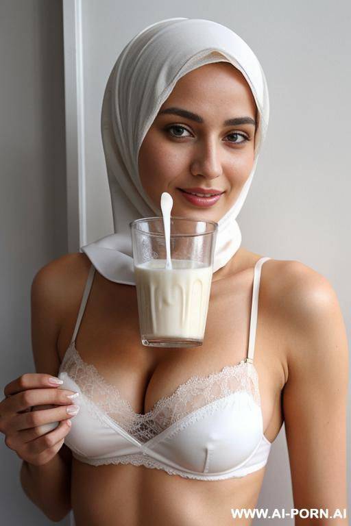 full naked woman, hijab, holding milk, milk on her face - #main