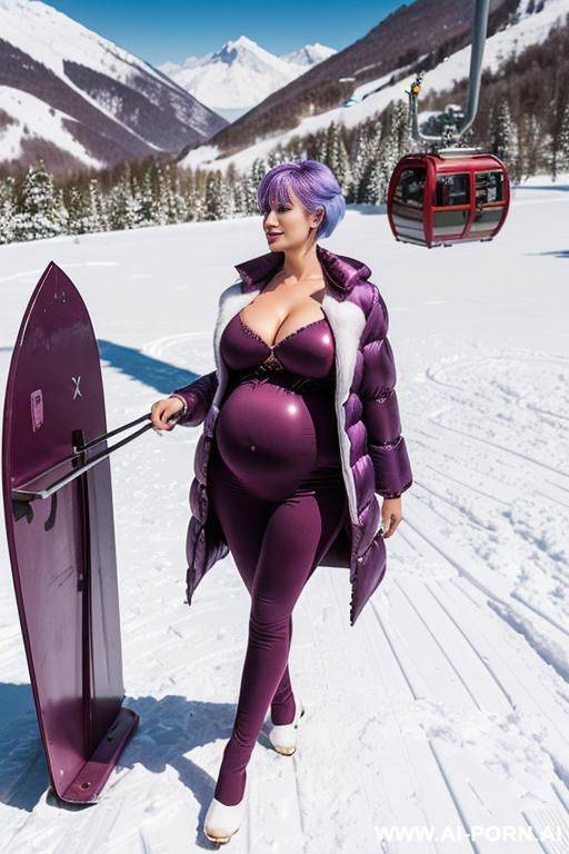 pregnant secretary with gigantic tits lying on office desk wearing gigantic puffer jacket, satin, silk, white skin - #main