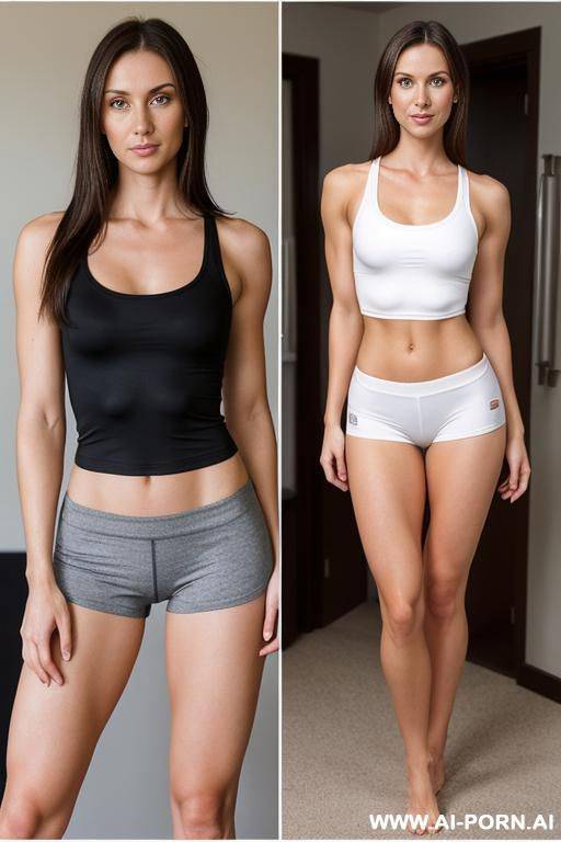 full body view, ultra-realistic, photo-realism, looking at viewer, suburban mom, 32c breasts, spandex short shorts, tight t-shirt, ultra realistic nipples ,brunette, - #main