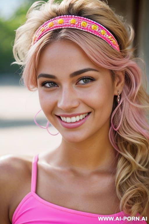 (highest quality) (visually pleasing) medium closeup, entering her tanned face, shoulder-lenght windy hair, blushing, pretty grin, canadian, various hairstyles, stepsister, tough look, - #main