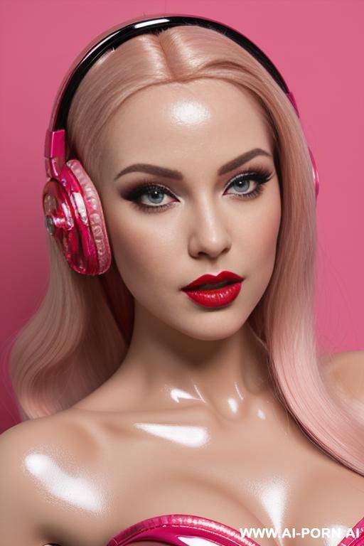 closeup of a beautiful plastic doll face, shiny plastic hair, very shiny red lips, shiny fake plastic blonde hair, pink eyes, pink plastic corset, pink headphones, red stiletto heels, doll pose - #main