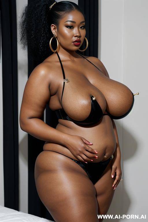 afro-asian, gigantic boobs, high ponytail, milf, dark skin, hoop earrings, high heels, pierced nipples, ring piercings - #main